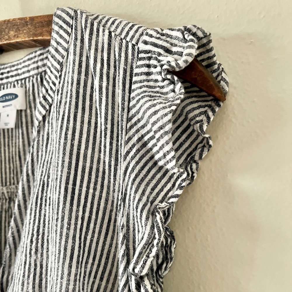 Dark Navy Pinstripe 100% Cotton Maternity Dress Costal Casual Ruffle Sleeve - Picture 6 of 9